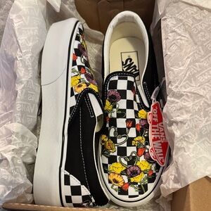 Vans Black and White Floral Checkerboard Slip-Ons
